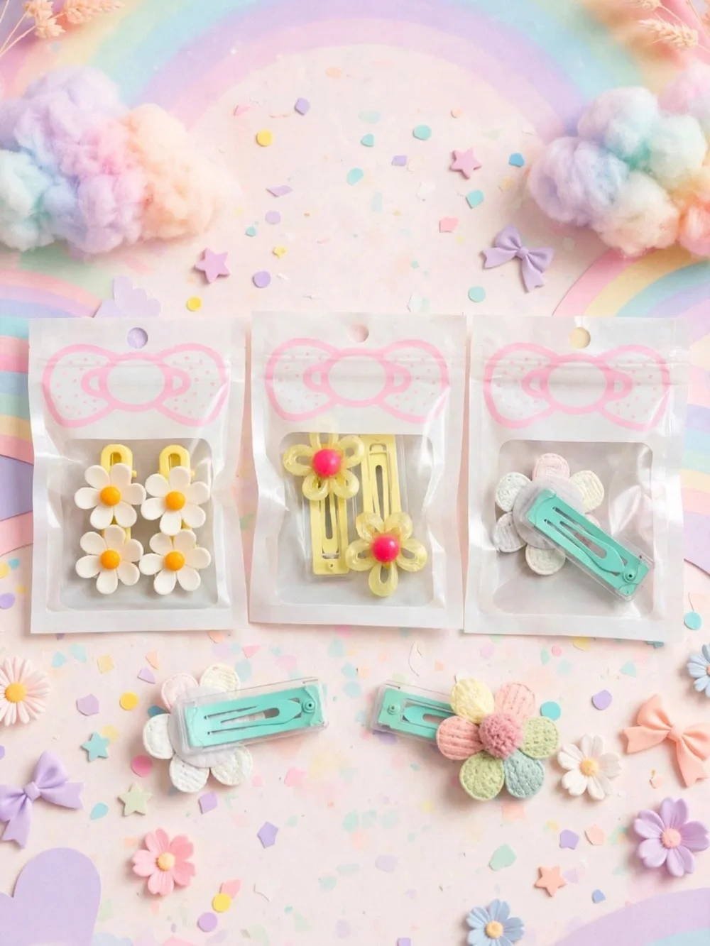 Cute Floral Hair Clip Set — Pastel White, Yellow & Mint